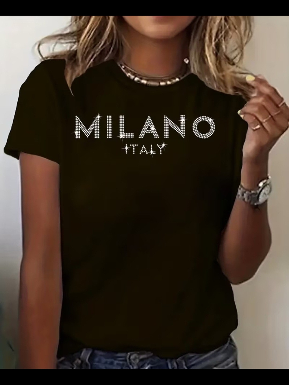 Milano Italy Crystal Logo Short Sleeve Tee - Black